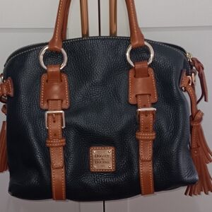 Dooney & Bourke Black Pebbled Leather Satchel with Tan Trim